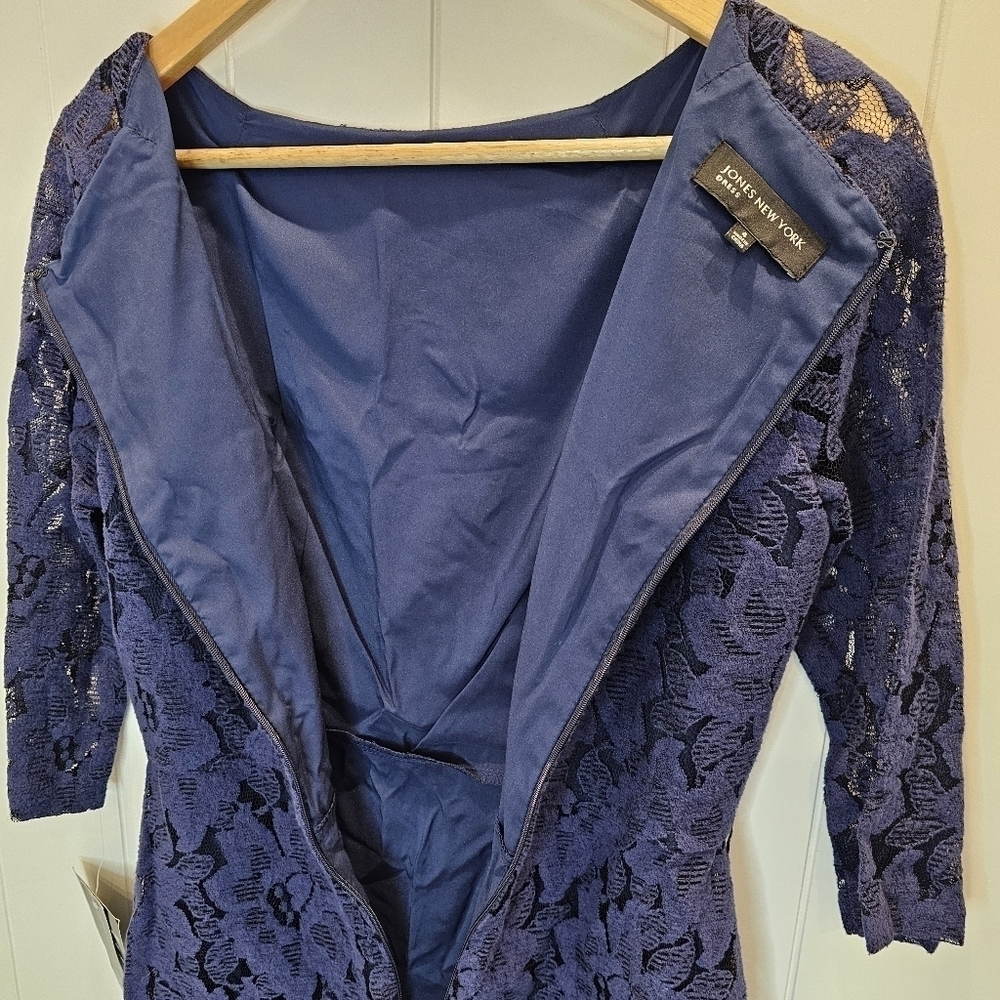 Jones New York Lace Dress Women's Size 4 Navy 3/4 Sleeve Lined Midi - Picture 3 of 6